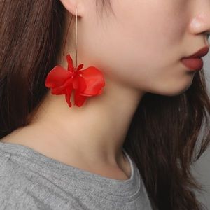 Delicate Red Flower Petal Gold Drop Earrings